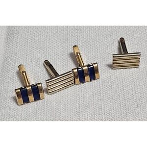 SWANK Vintage Rectangle Cufflinks Gold Tone Navy Blue‎ Stripe Detail Formalwear